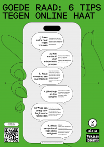 Groene poster met hand die mobieltje vasthoudt met daarop de goede raad: 6 tips tegen online haat 