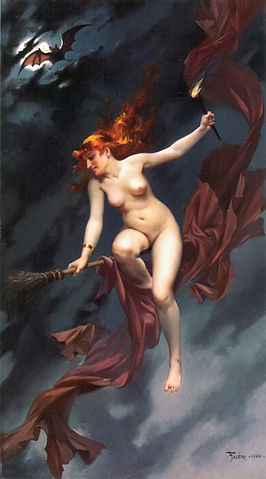 naakte vrouw met rood haar zit op een bezemsteel in de lucht