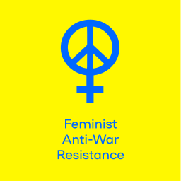 blauw logo van combinatie vrouwenteken en teken anarchie in geel blok