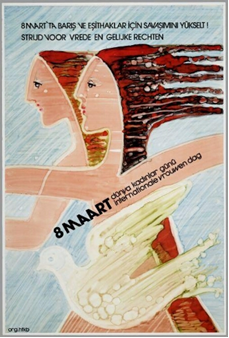 affiche met tekening van 2 vrouwen die vooruit lopen met witte duif eronder en tekst strijd voor vrede en gelijke rechten