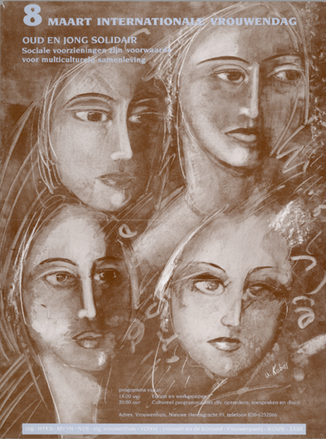 affiche in bruintinten met 4 getekende vrouwengezichten