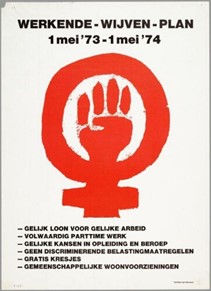 affiche met feministisch symbool in rood en daaronder een aantal punten